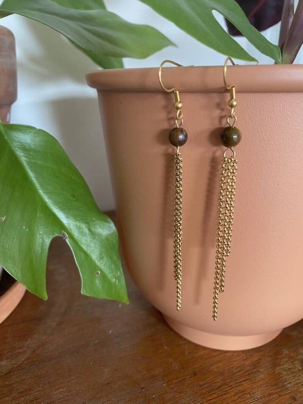 Natural Stone Long Earrings - Gold