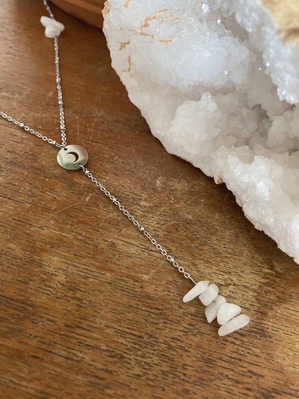 Pendel Necklace Chip stones - Moon Coin - Silver