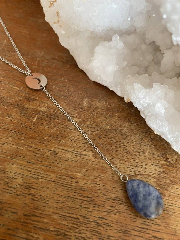 Pendel Necklace Stone Drop - Moon Coin - Silver