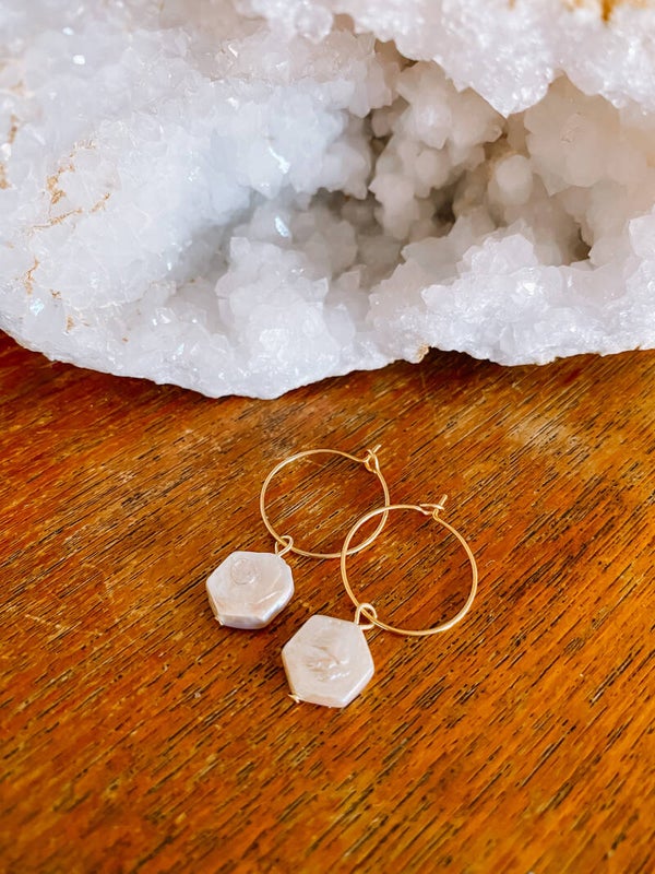 Pearl Hexagon Hoops - Gold/Silver