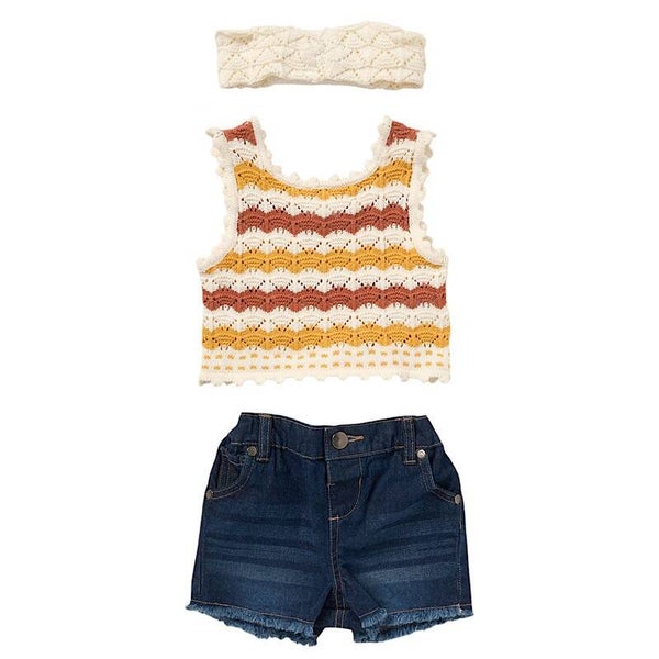 Two-Tone Brown & Orange Knitted Crochet 3PC Shorts Set