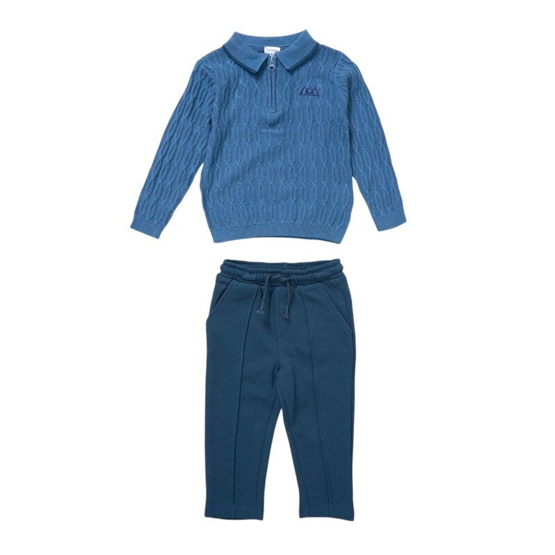 Boys Blue Two-Tone Tweed Print Motif Polo Shirt & Trousers