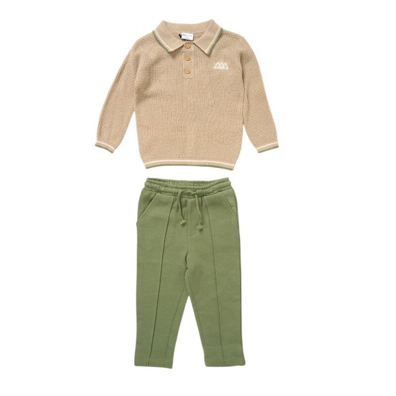 Boys Beige & Sage Green Knitted Polo Shirt & Trousers