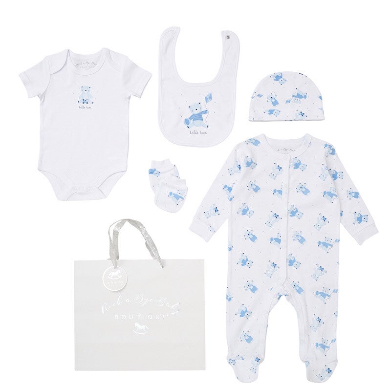 Babies Baby Blue & Ivory 'Hello Bear' 5pc Layette Set