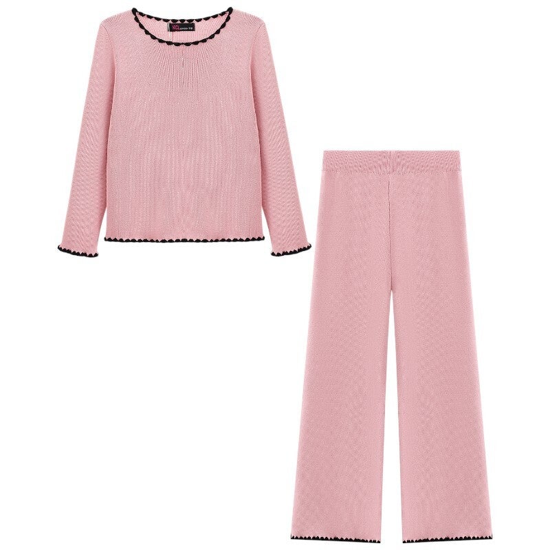 Girls Dusty Pink Two-Piece Textured Knit Lounge Set with Contrast Trim
