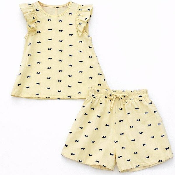 girls’ Yellow Bow Print Ruffle Sleeve Top & Shorts Set