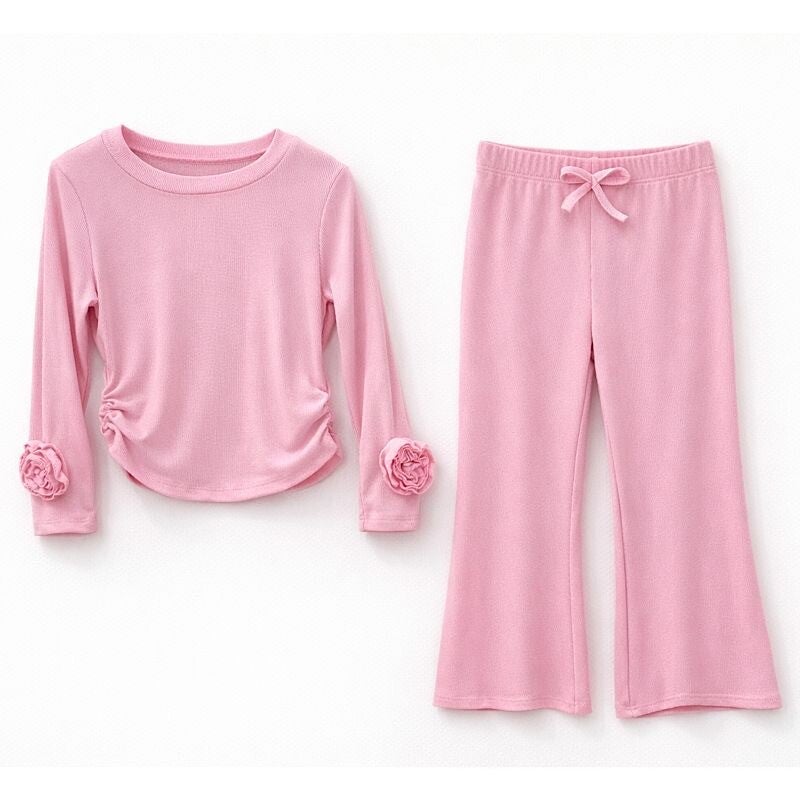 girls Pink Long Sleeve Top & Flare Pants Set