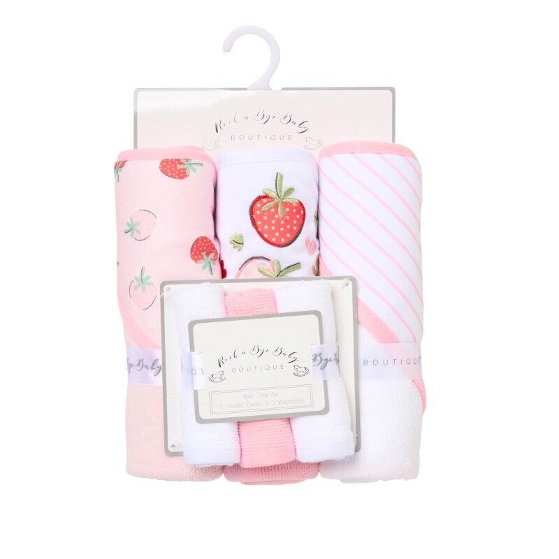 Baby Pink Strawberry Hooded Towel and Wash Cloth Set