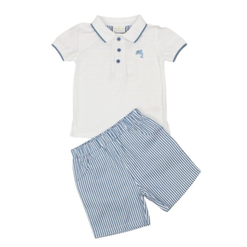 Baby Boys White & Blue Dolphin Polo & Striped Shorts Summer Set