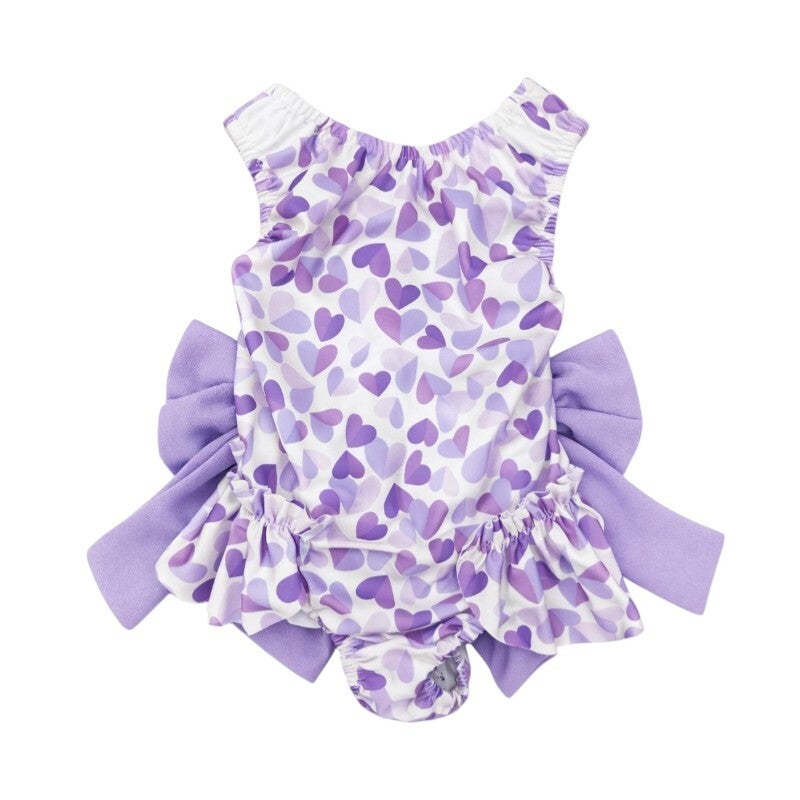 Lilac Heart Print Inspired Print Swimsuit with Bows