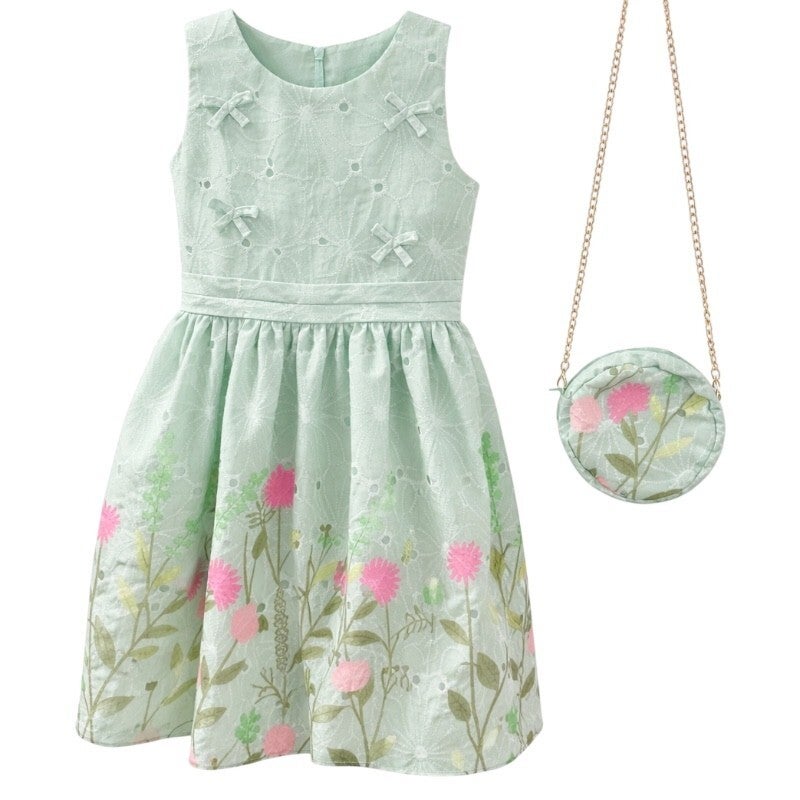 Girls’ Green Floral Embroidered Dress with Matching Bag