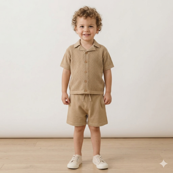 Beige Knit Button Shirt & Shorts Set