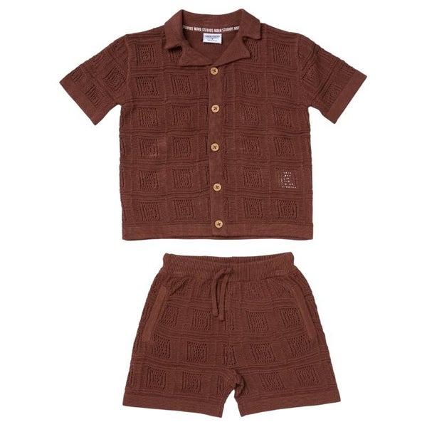 Brown Textured Knit Shirt & Shorts Set