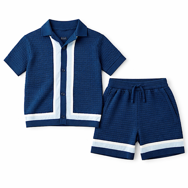 textured Blue Knit Shirt & Shorts Set