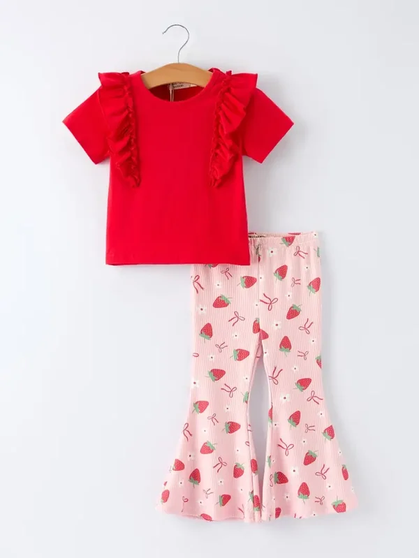 strawberry Bow Girls Ruffle Top and Bell Bottoms Set