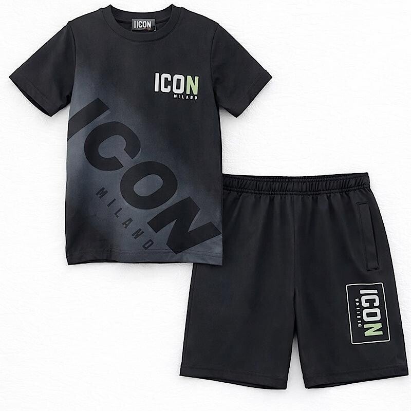 Boys Black & Grey Icon Motif 2pc Short Set