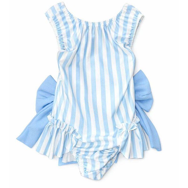 Blue Pinstripe Inspired Print Swimsuit with Bows 2-12 Years