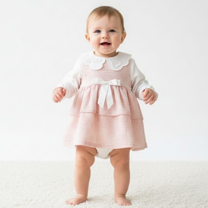baby Girls Two Piece Jacquard Layered Embossed Dress Set [preorder]