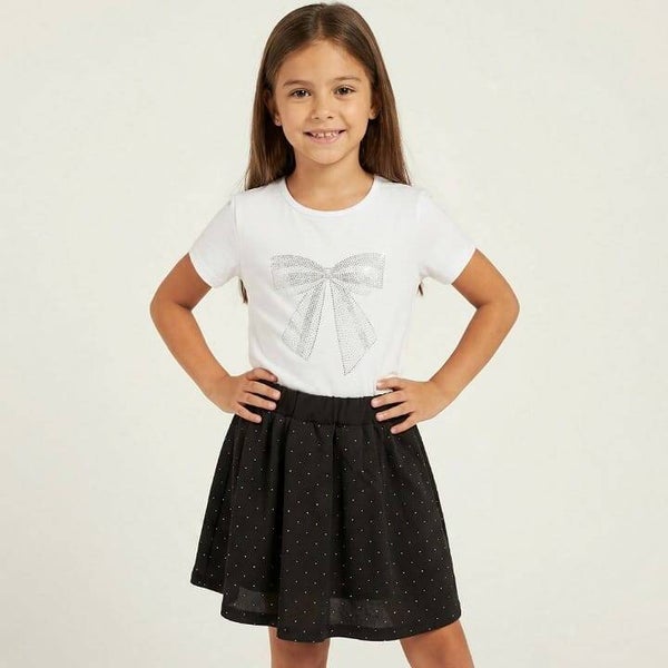 Girls Two Piece Diamante Bow Top & Diamante Skirt Set