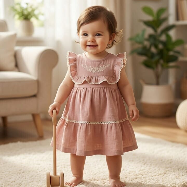 Baby Girls Layered Floral Embroidered Lace Trim Dress