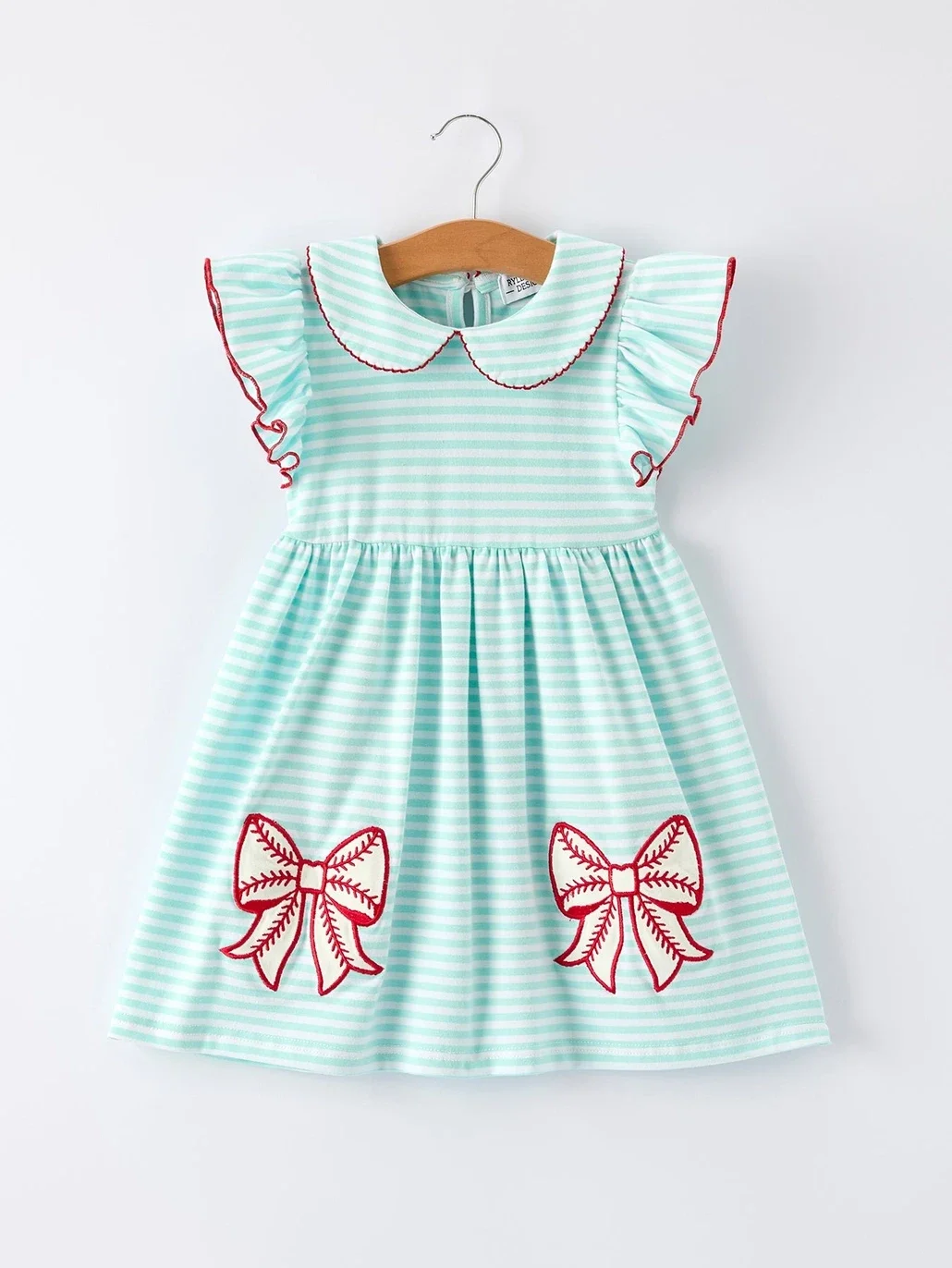 Striped Casual Outfit with Bow Applique Lapel Girls Dress