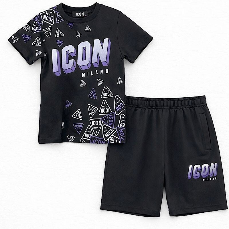 Boys Black & Purple Icon Motif 2pc Short Set
