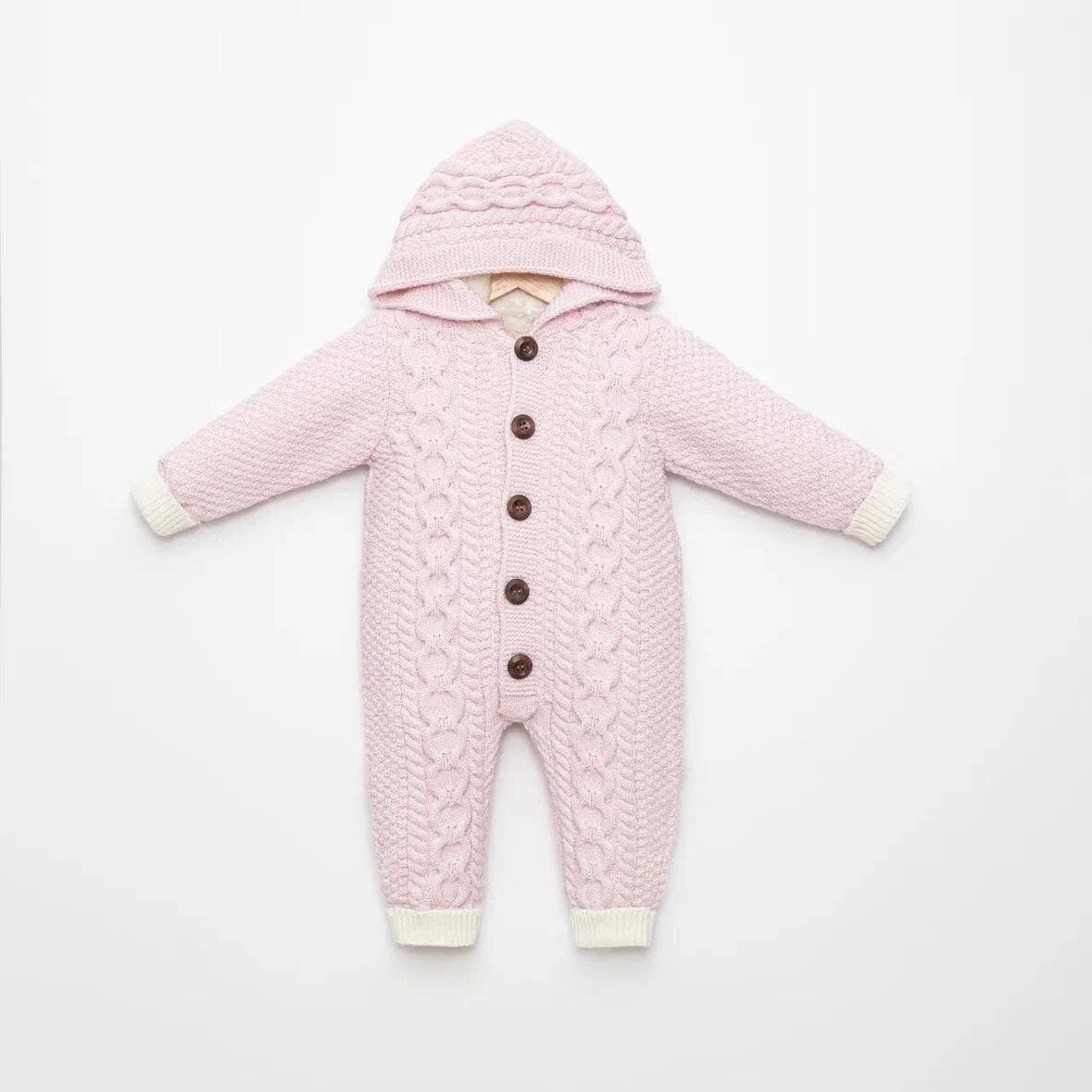 Baby Girls All in One Knitted Cable Knit Fur Lined Hooded Romper