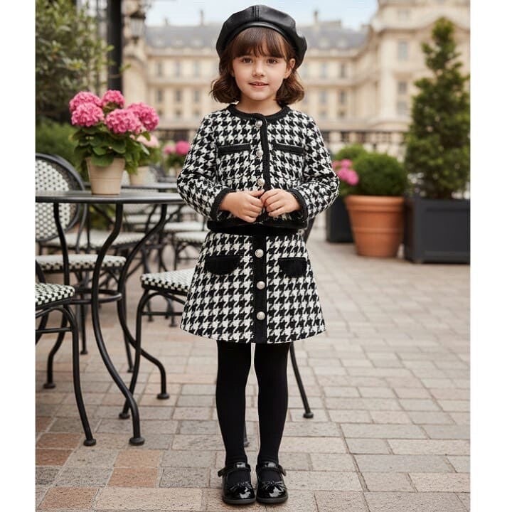 Girls Two Piece Dogtooth Embossed Jacket & Skirt Set with Hat