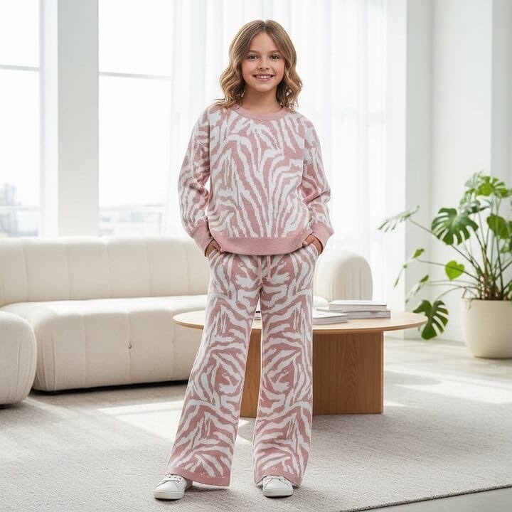 Girls Knitted Zebra Print Lounge Wear Set
