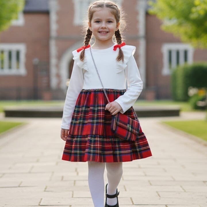 Girls Full Sleeve Velvet Tartan Dress with Purse