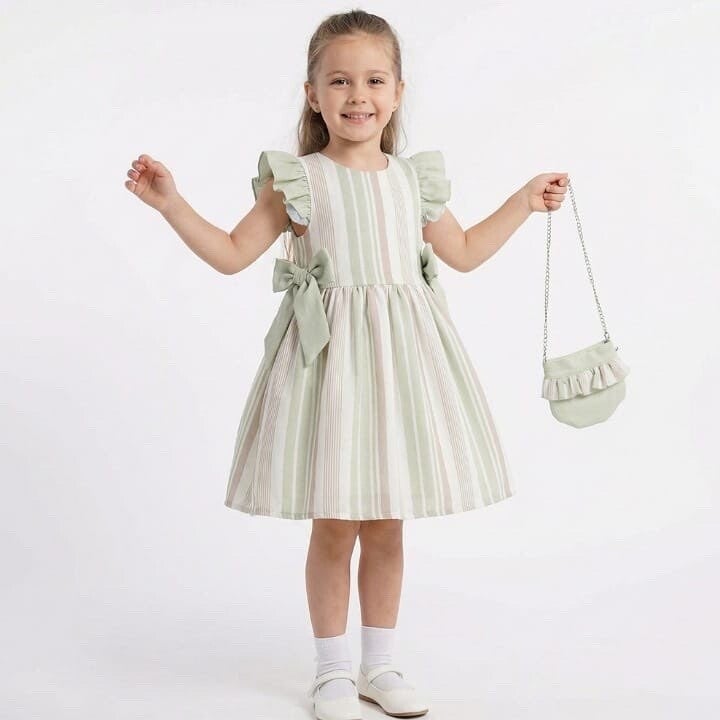 Girls Stripe Frilly Sleeve Double Bow Cotton Dress with bag