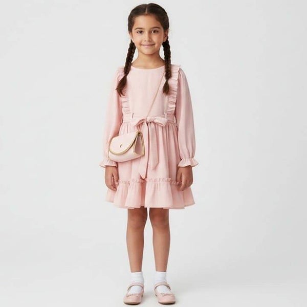Girls crinkle frilly chiffon belt dress with bag