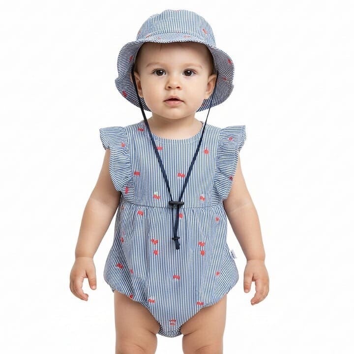 Baby Girls Heart Print Stripe Cherry Romper with Hat (6-24M)