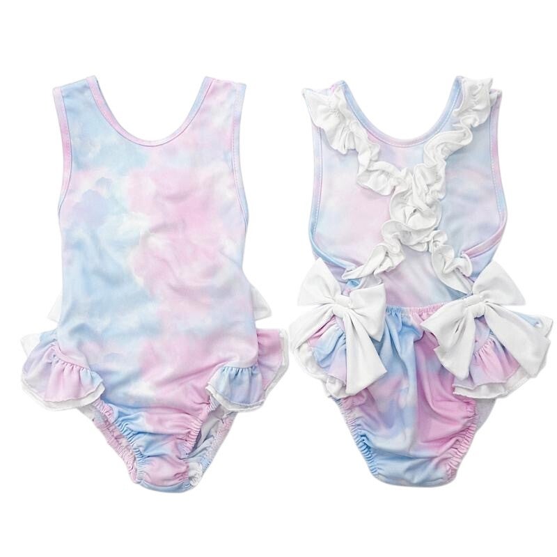 Blue & Pink Ruffle Cross Back Swimsuit