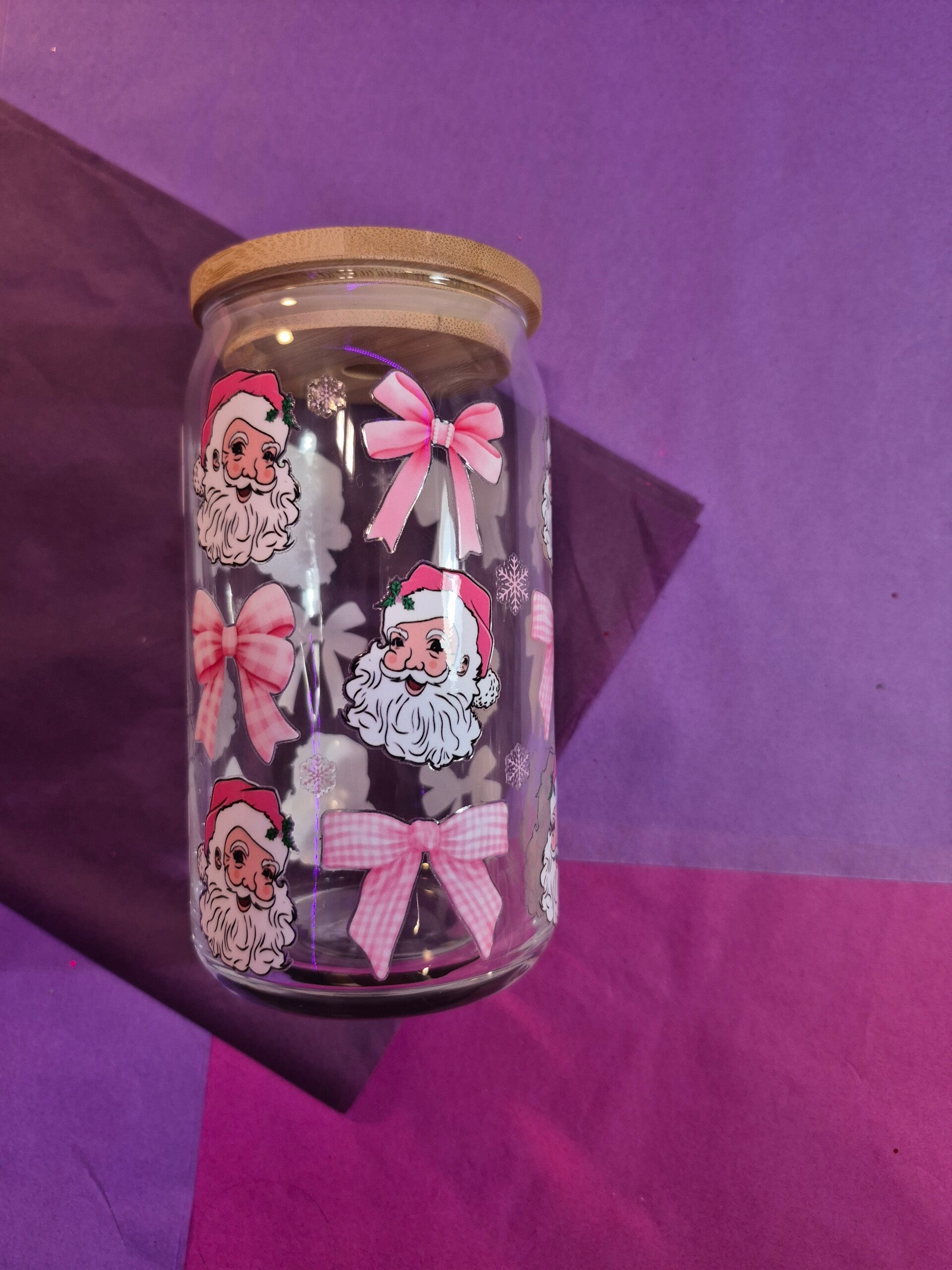 Pink Santa & Bows Glass Cup