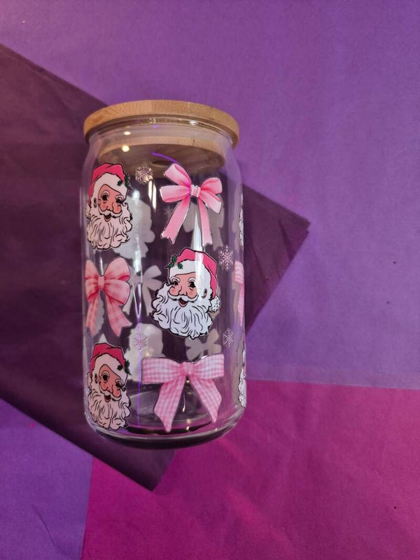 Pink Santa & Bows Glass Cup