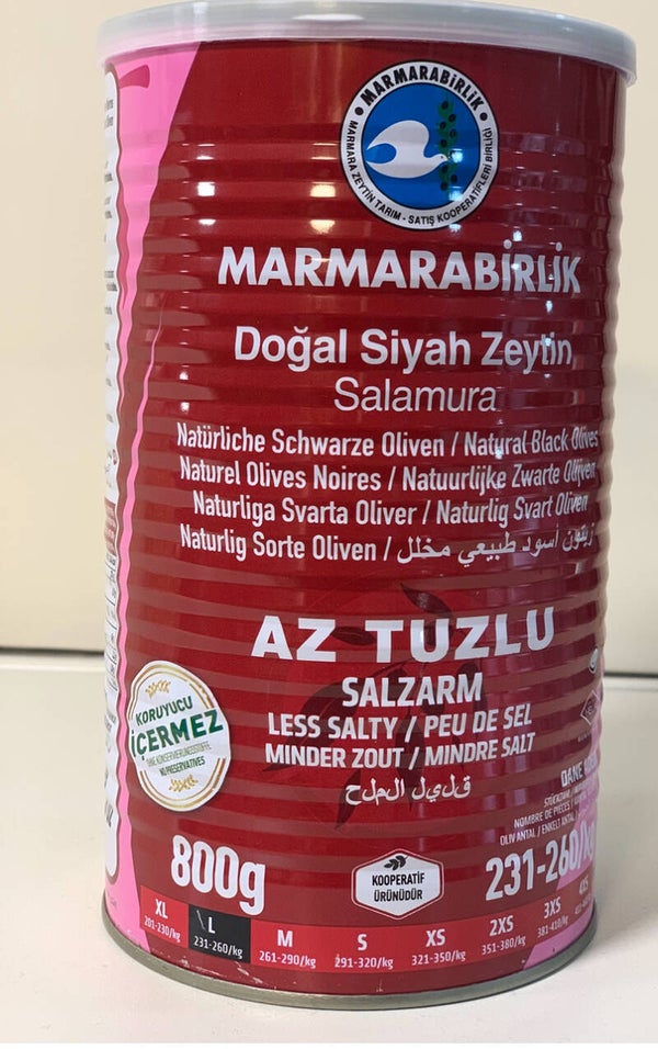 MARMARABİRLİK Olives Noires Naturelles en Saumure - Faible en Sel (800g)