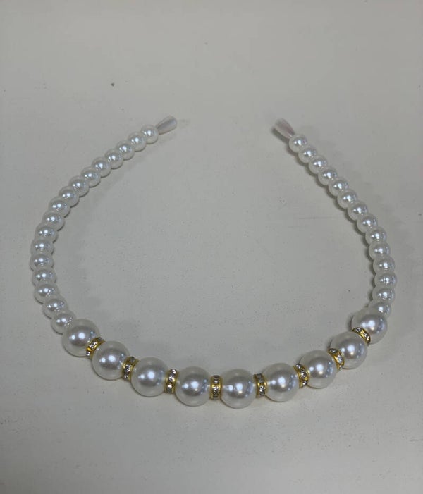 Serre-tête perles blanches avec strass dorés