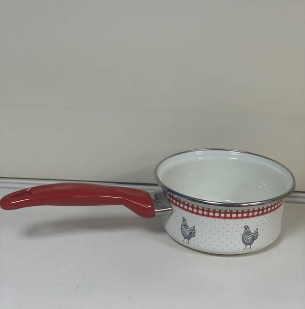 Casserole émaillée blanche à poules – avec manche rouge
