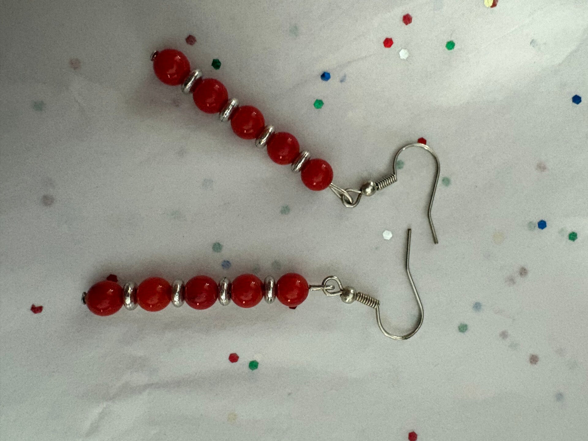 Red and Silver Beaded Earrings