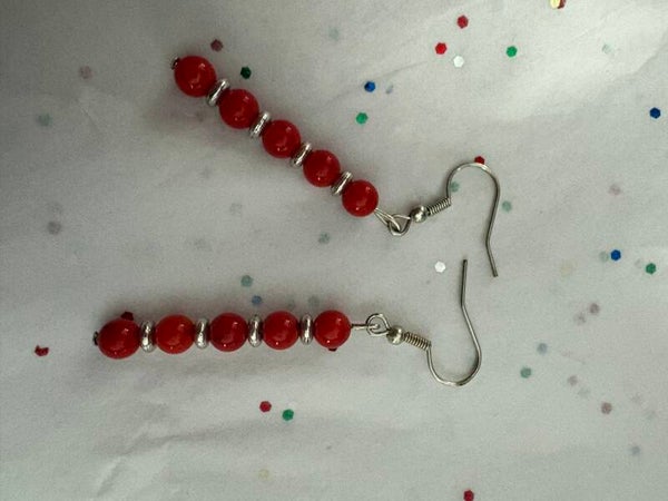 Red and Silver Beaded Earrings