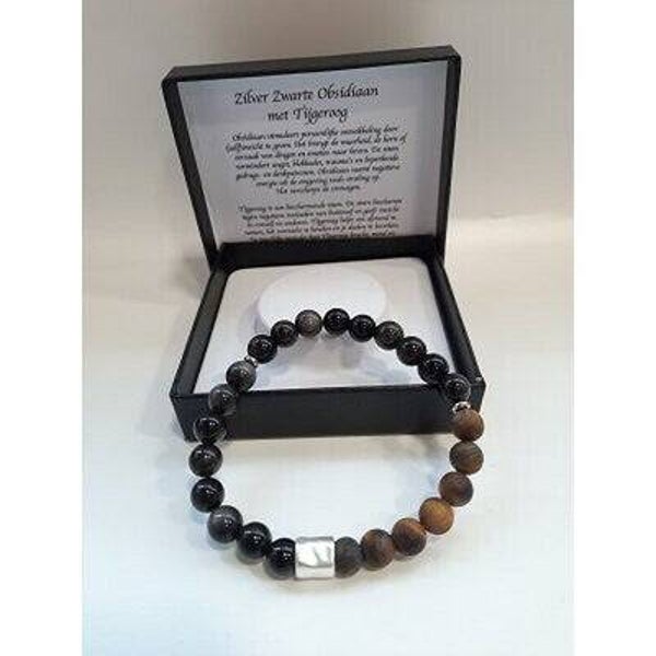 Natuurstenen heren armband zilver zwarte Obsidiaan met Tijgeroog en mat zilveren kraal