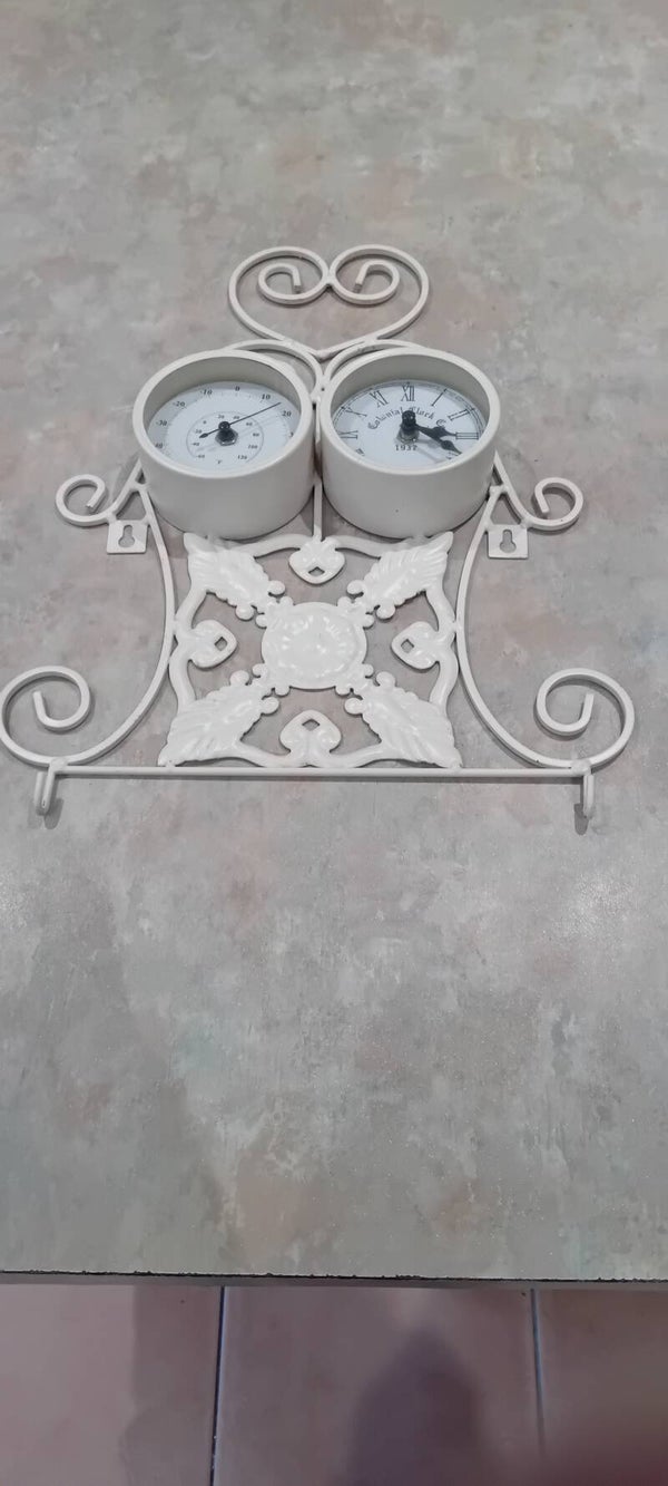 Ornate metal key holder frame with integral clock and temperature gauge. Uk Postage Only.