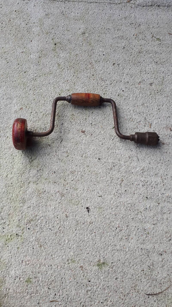 Vintage wood hand and brace wood drill. ##