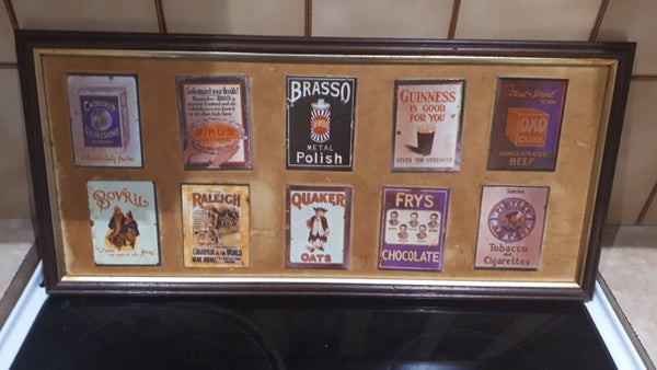 Retro metal Advertising tins with wooden frame## Collection only
