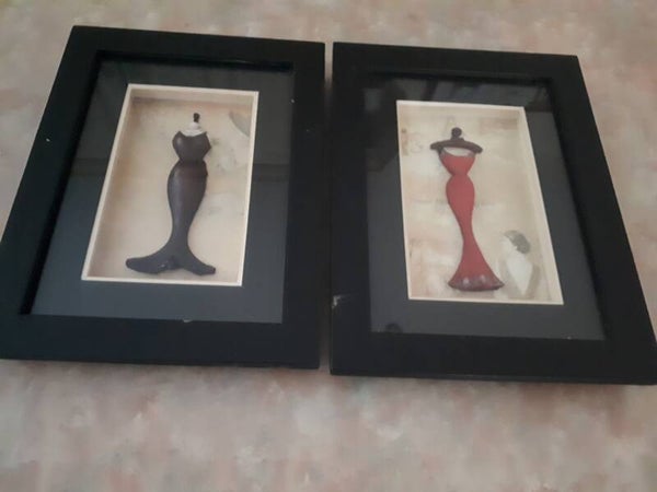 Stunning  window display of womens dresses and shoes. Wall hanging.