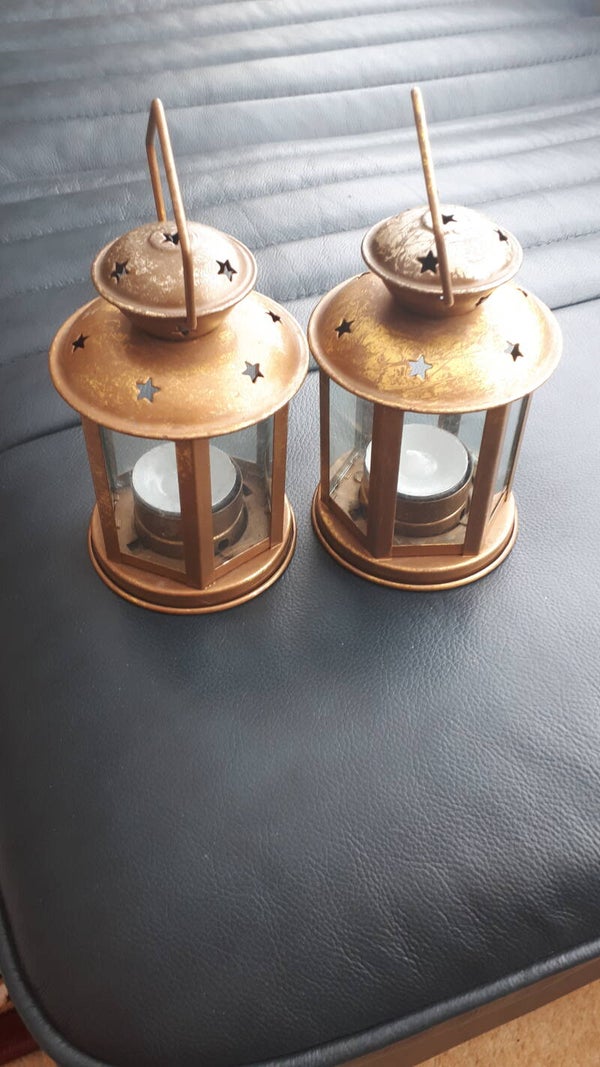 SOLD SOLD Two Gold Tone Metal Lantern Candle/Tea light holders.