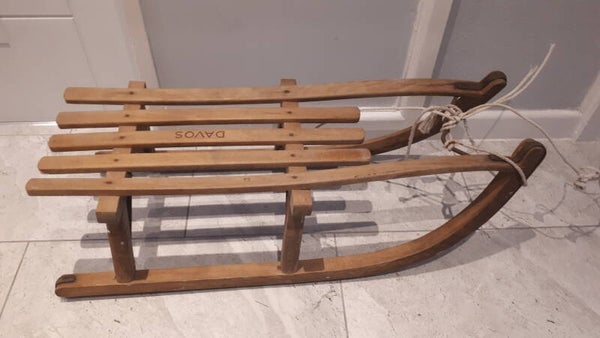 SOLD SOLD Vintage wooden DAVOS sleigh/sledge with metal rails.  Collection only Caerleon nr Newport Gwent