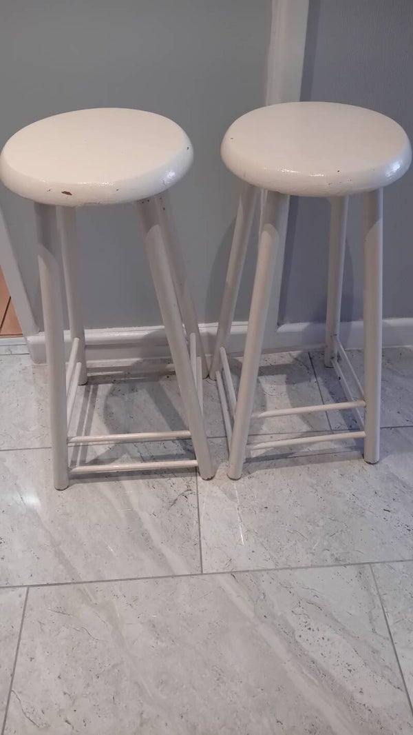 SOLD SOLD Vintage Two Wooden Bar/ Kitchen Stools.  Collection Only Caerleon Newport Gwent