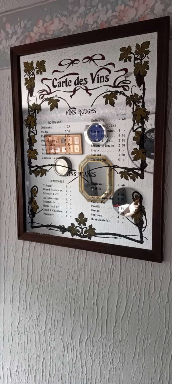 Carte Des Vins Mirror With Wooden Frame and French Advertising.  Collection Only.